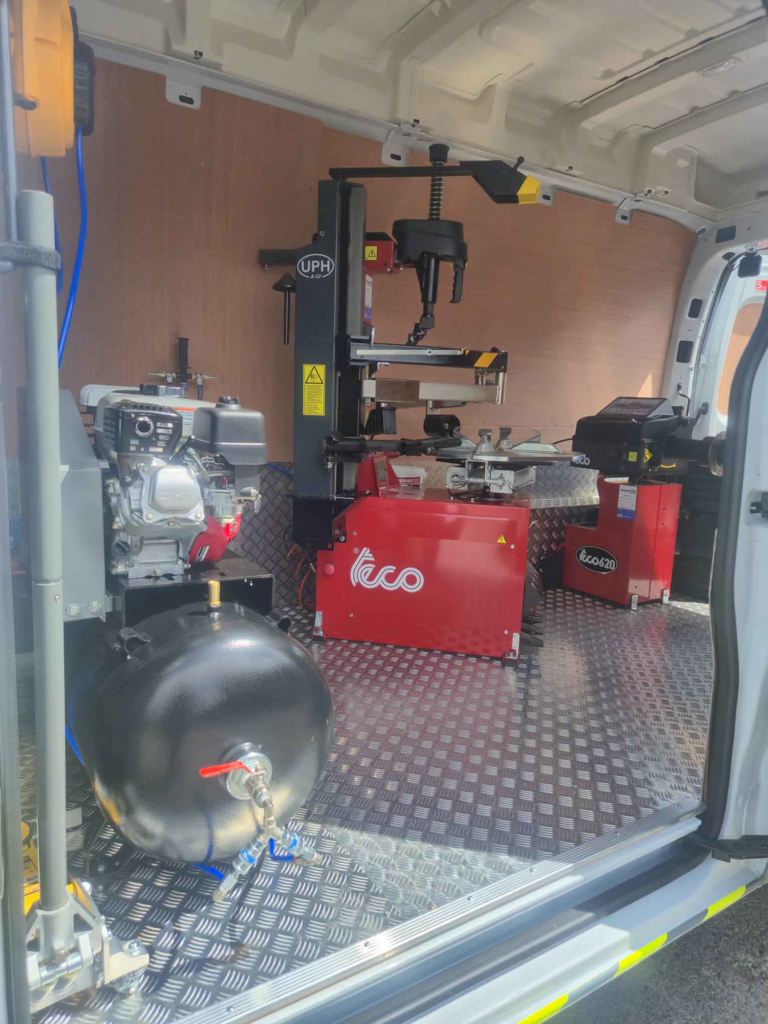 Professional Teco tyre changer and balancer inside MJN Tyres mobile van